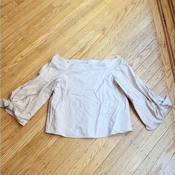 Tibi Agathe Off Shoulder Top Structured Cotton Buckle Tie Sleeve Beige Size 6 - Picture 2 of 7